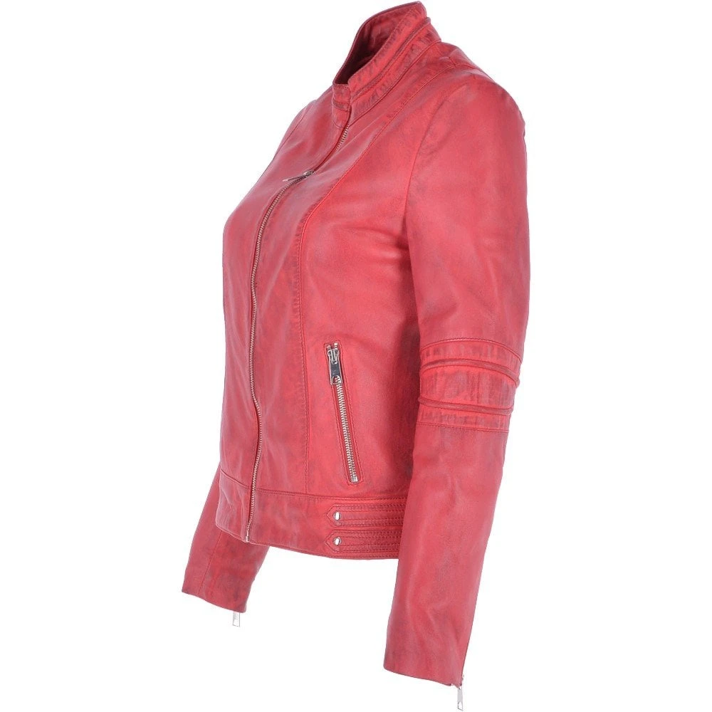 Ladies Leather Biker Jacket Raspberry : Lillian - Image 2