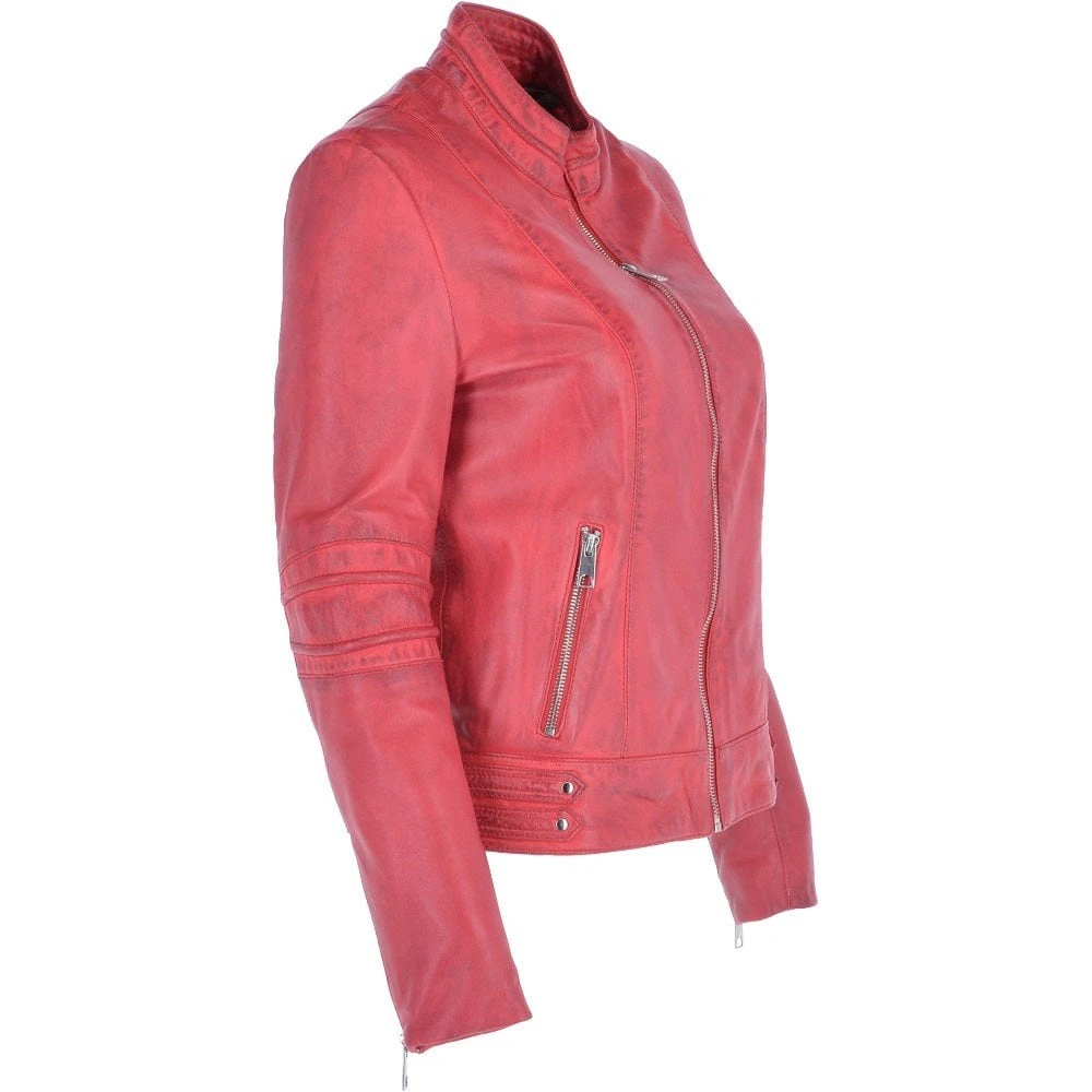 Ladies Leather Biker Jacket Raspberry : Lillian - Image 4