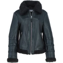 Ladies Sheepskin Aviator Jacket With Faux Fur Lining Black: 2419