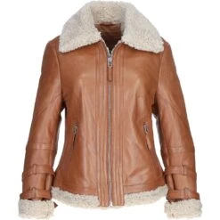 Ladies Sheepskin Aviator Jacket With Faux Fur Lining Cognac: 2419