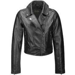 Ladies Short Vegetable Tanned Leather Biker Jacket Black : Jenner