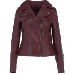 Ladies Veg Tanned Leather Biker Jacket Burgandy: AWL-80