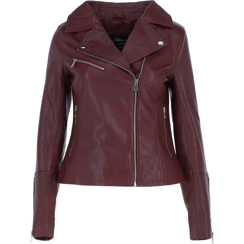 Ladies Veg Tanned Leather Biker Jacket Burgandy: AWL-80