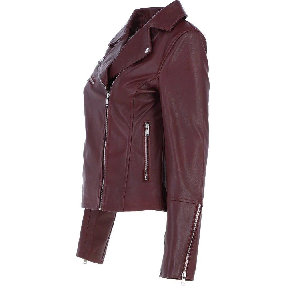Ladies Veg Tanned Leather Biker Jacket Burgandy: AWL-80 - Image 2