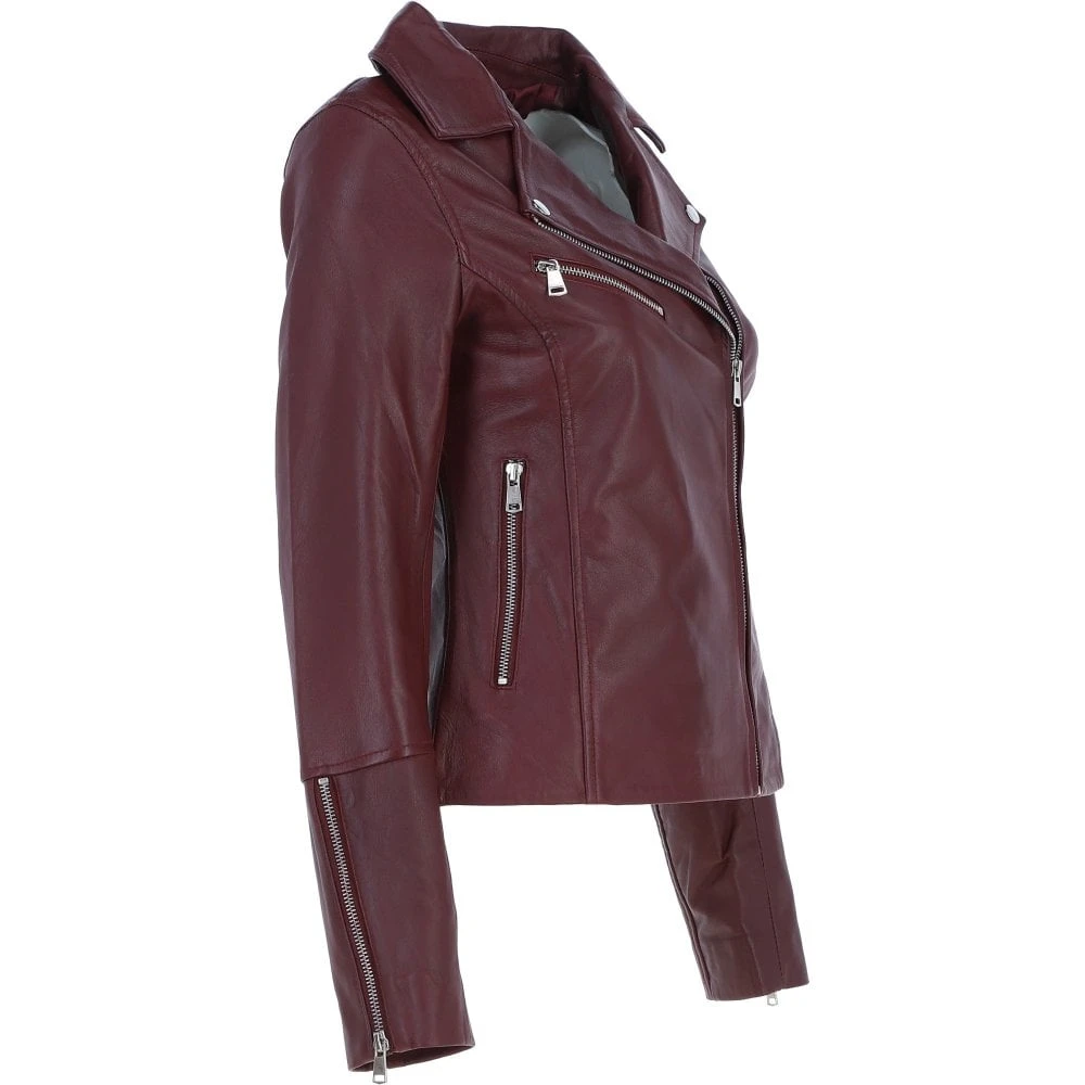 Ladies Veg Tanned Leather Biker Jacket Burgandy: AWL-80 - Image 4