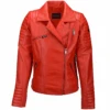 Ladies Vegetable Tanned Leather Biker Jacket Red : Eleonare
