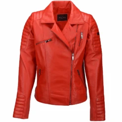 Ladies Vegetable Tanned Leather Biker Jacket Red : Eleonare