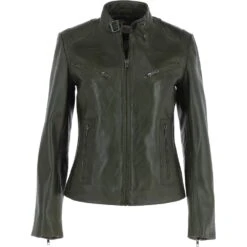 Leather Biker Jacket Green : Lola