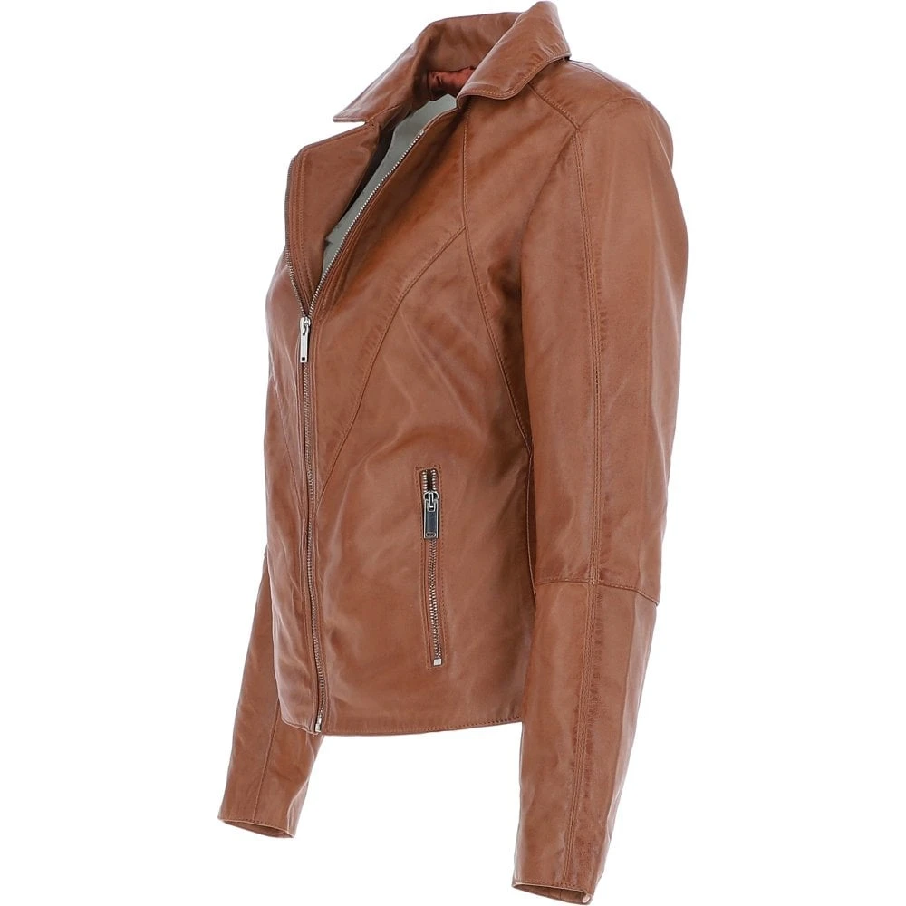 Leather Biker Jacket Tan : Zoey - Image 2