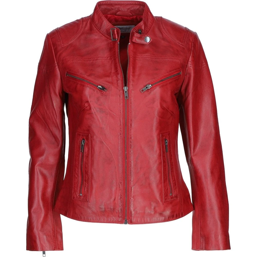 Leather Biker Jacket Wash/red: Lola