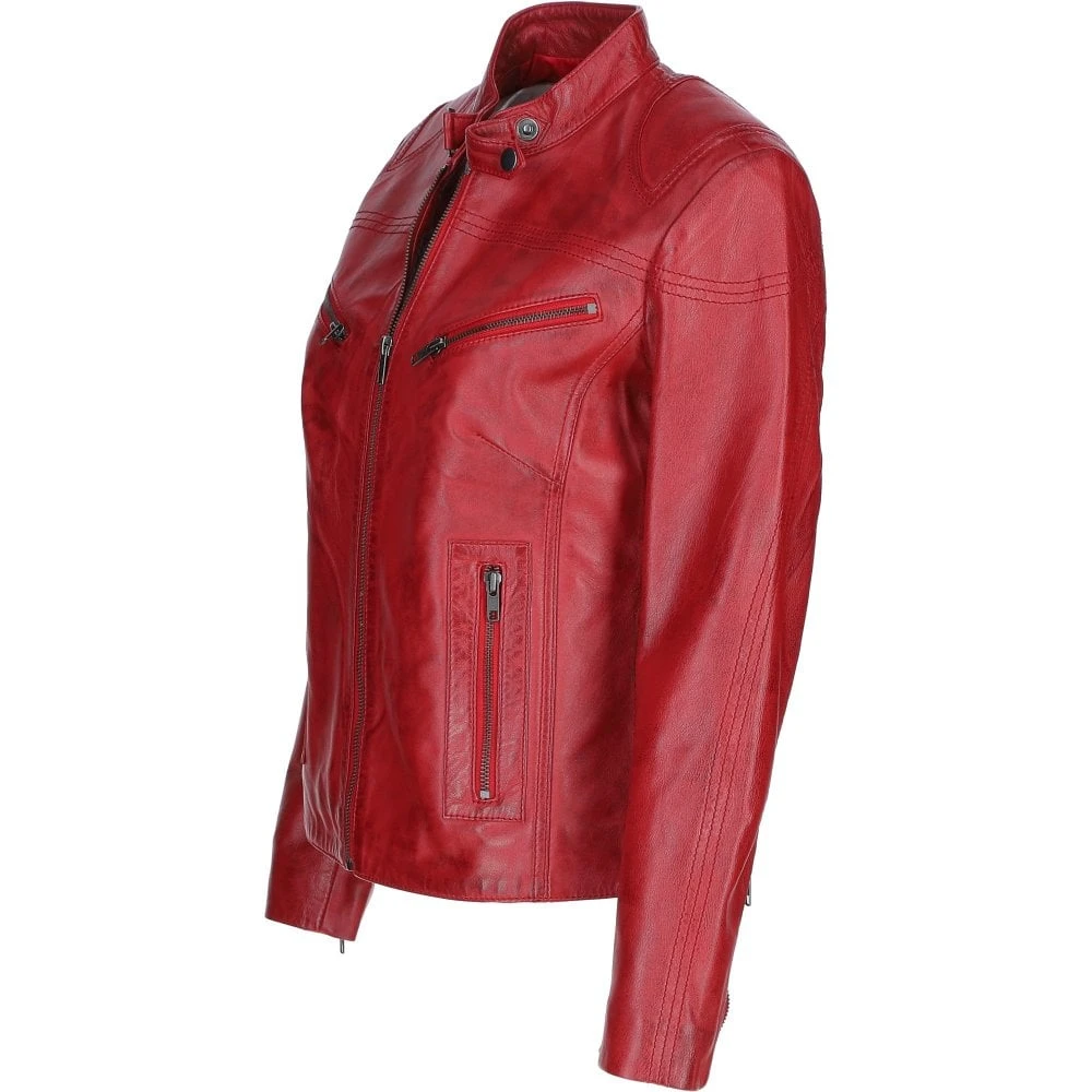 Leather Biker Jacket Wash/red: Lola - Image 2