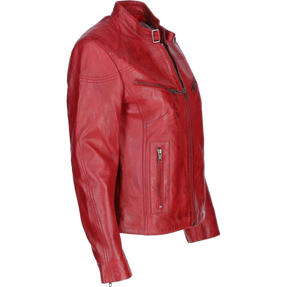 Leather Biker Jacket Wash/red: Lola - Image 4