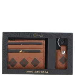 Leather Card Holder & Key Ring Gift Set Cognac/khaki/red: GB-304-GS