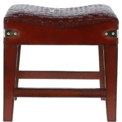 Leather Covered Wood Frame Vintage Woven Leather Stool Chestnut: LF-143