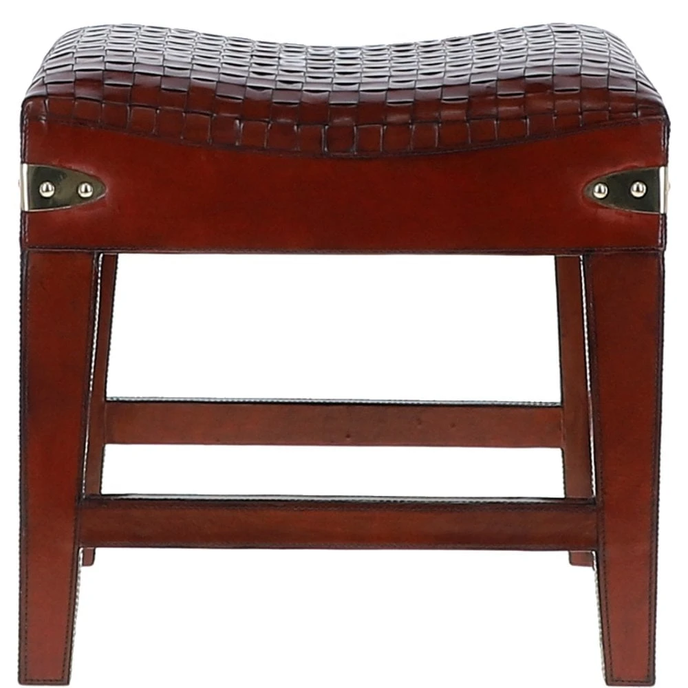 Leather Covered Wood Frame Vintage Woven Leather Stool Chestnut: LF-143