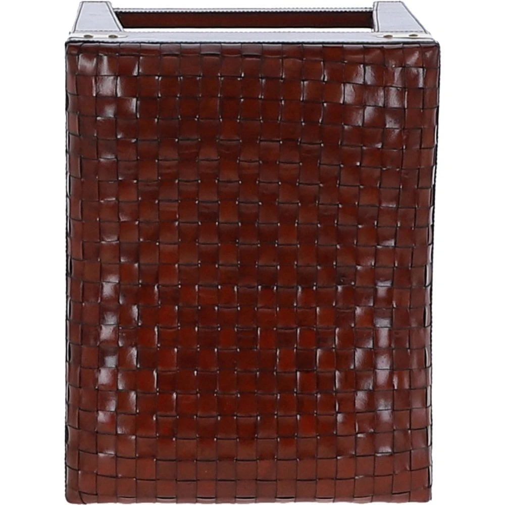 Leather Covered Wood Frame Vintage Woven Leather Stool Chestnut: LF-143 - Image 2