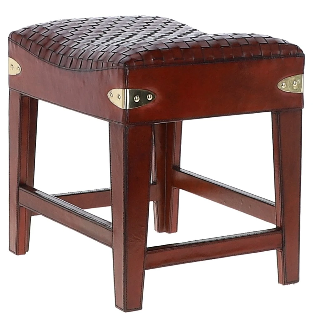 Leather Covered Wood Frame Vintage Woven Leather Stool Chestnut: LF-143 - Image 3