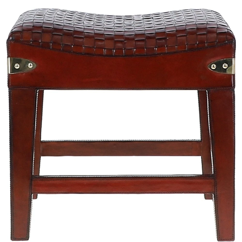 Leather Covered Wood Frame Vintage Woven Leather Stool Chestnut: LF-143 - Image 4