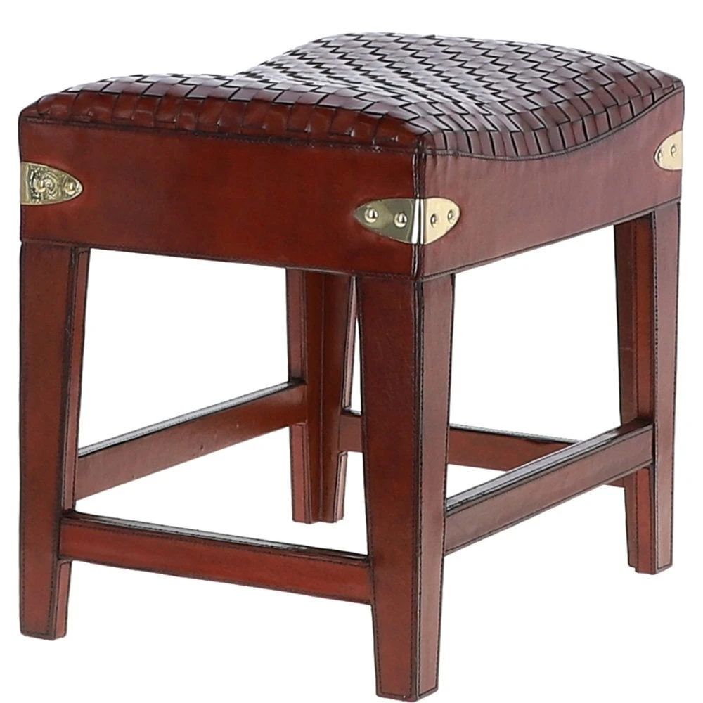 Leather Covered Wood Frame Vintage Woven Leather Stool Chestnut: LF-143 - Image 5