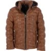 Leather Detachable Hood Puffer Jacket Cognac: Nello