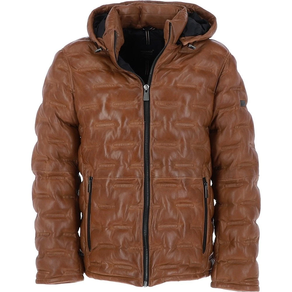 Leather Detachable Hood Puffer Jacket Cognac: Nello