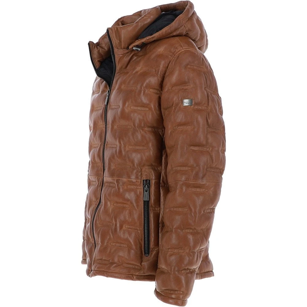 Leather Detachable Hood Puffer Jacket Cognac: Nello - Image 3