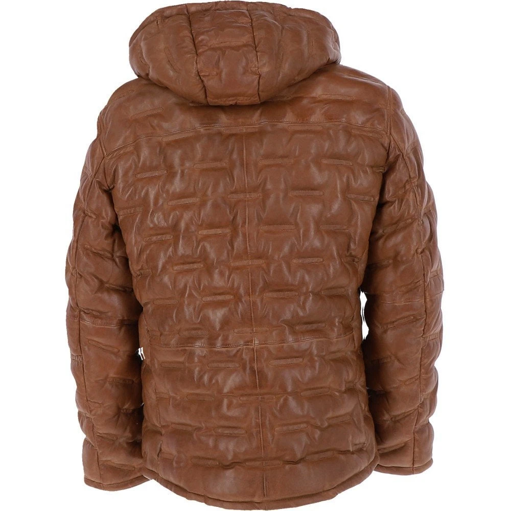 Leather Detachable Hood Puffer Jacket Cognac: Nello - Image 4