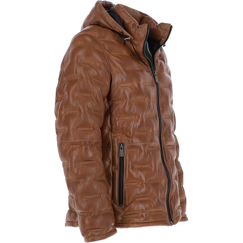 Leather Detachable Hood Puffer Jacket Cognac: Nello - Image 5