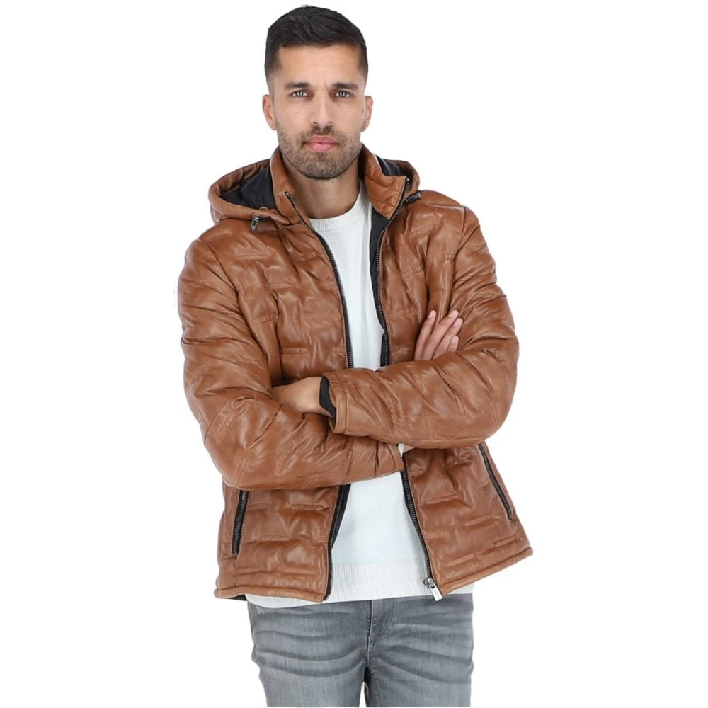 Leather Detachable Hood Puffer Jacket Cognac: Nello - Image 2