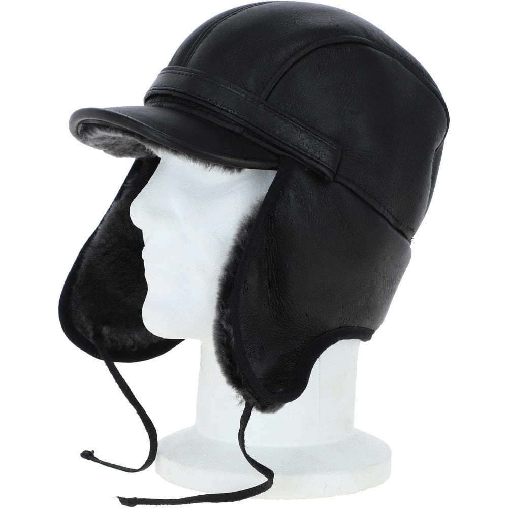 Leather Hunting Trapper Hat With Sheepskin Fur Black/brissa : Dakota - Image 2