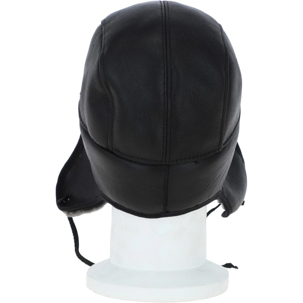 Leather Hunting Trapper Hat With Sheepskin Fur Black/brissa : Dakota - Image 3
