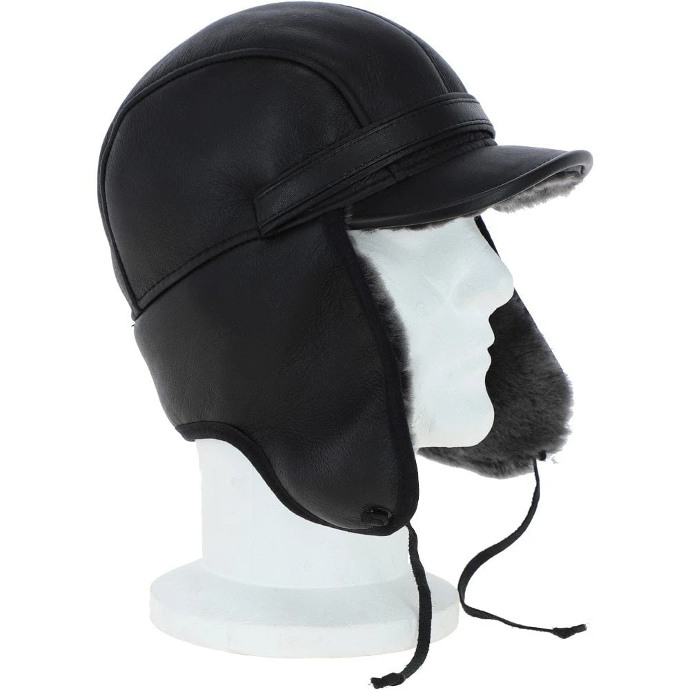 Leather Hunting Trapper Hat With Sheepskin Fur Black/brissa : Dakota - Image 4