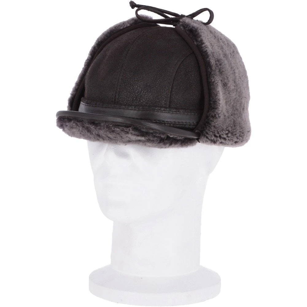 Leather Hunting Trapper Hat With Sheepskin Fur Brown Brissa : Dakota - Image 2