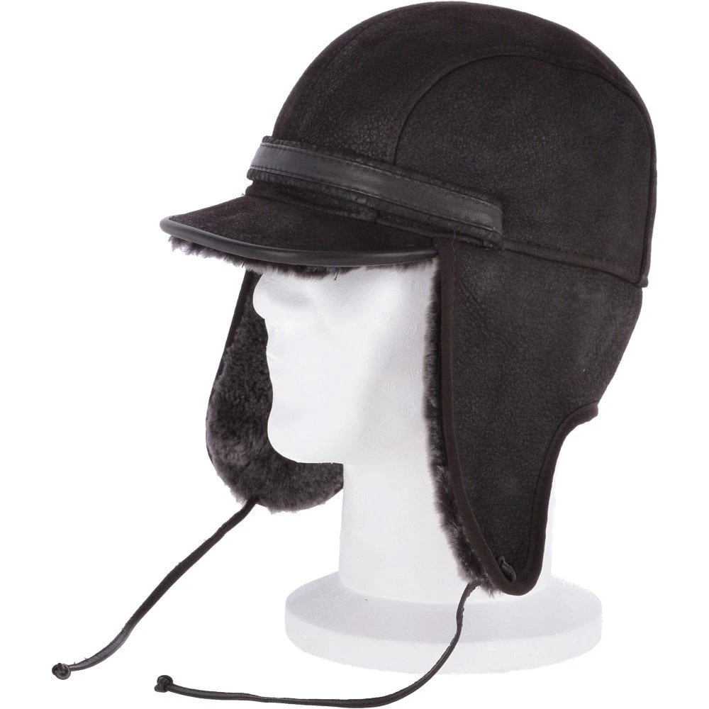 Leather Hunting Trapper Hat With Sheepskin Fur Brown Brissa : Dakota - Image 3