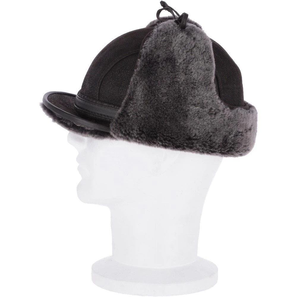 Leather Hunting Trapper Hat With Sheepskin Fur Brown Brissa : Dakota - Image 4