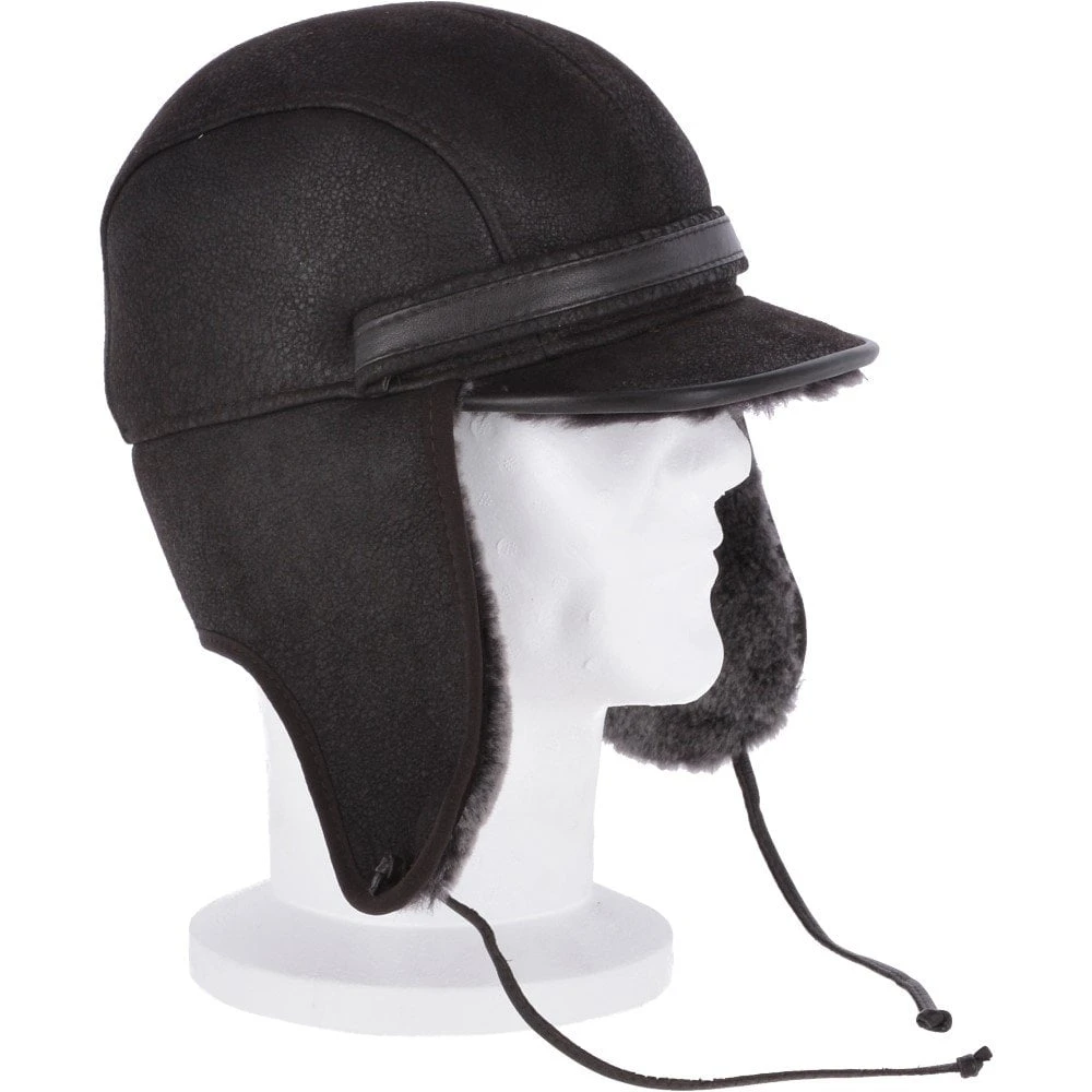 Leather Hunting Trapper Hat With Sheepskin Fur Brown Brissa : Dakota - Image 7