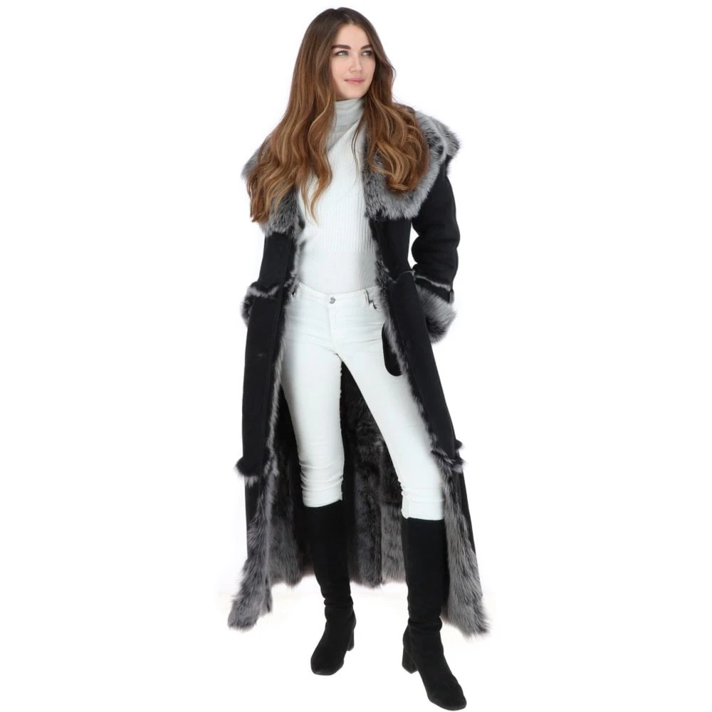 Long Length Sheepskin Coat Black : Sophia - Image 4