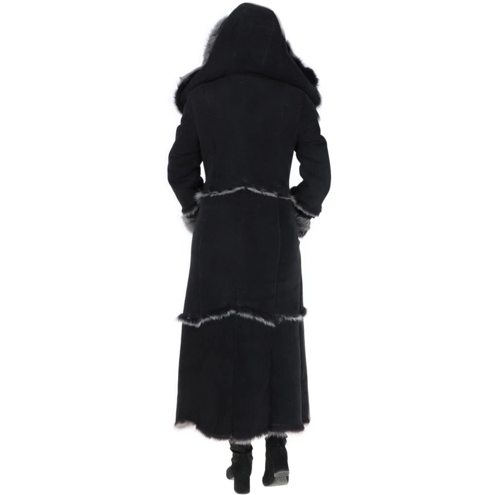 Long Length Sheepskin Coat Black : Sophia - Image 6