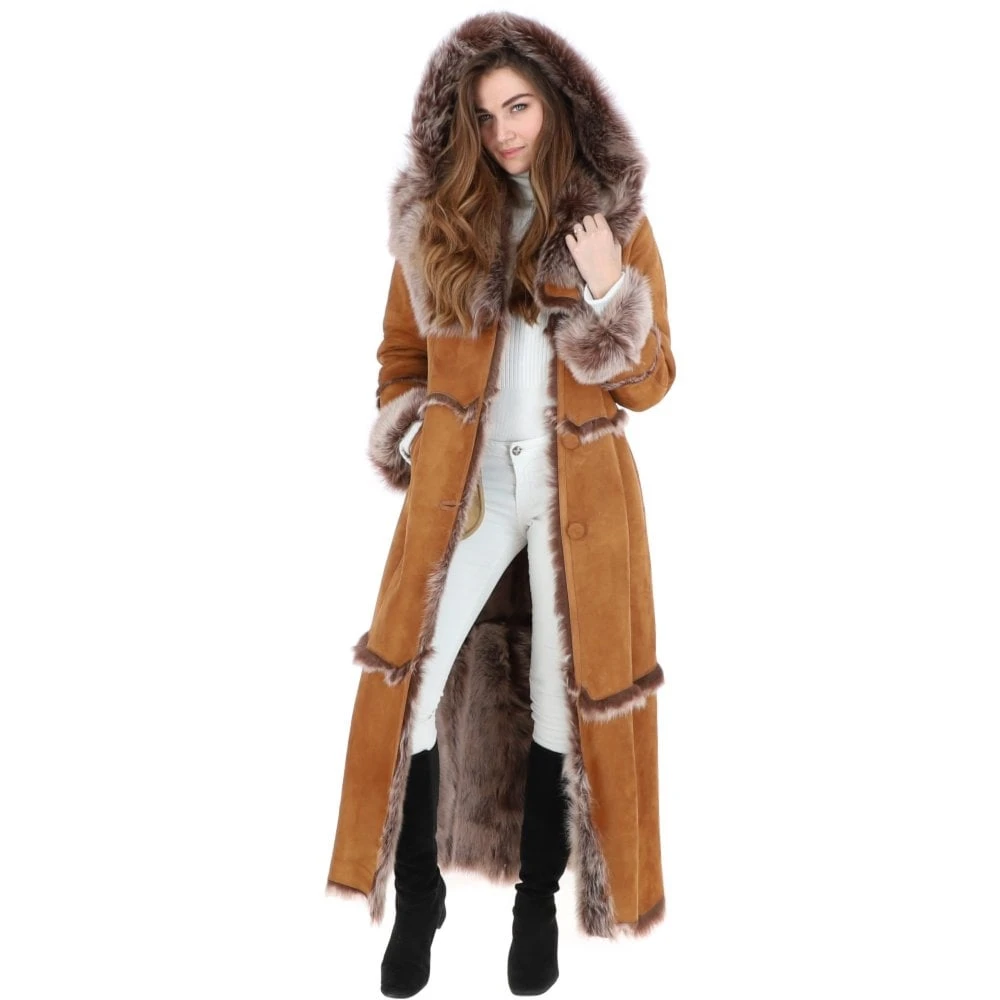 Long Length Sheepskin Coat Tan : Sophia - Image 2