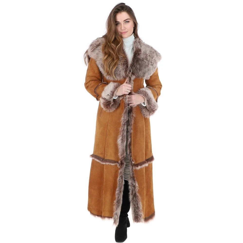 Long Length Sheepskin Coat Tan : Sophia - Image 4