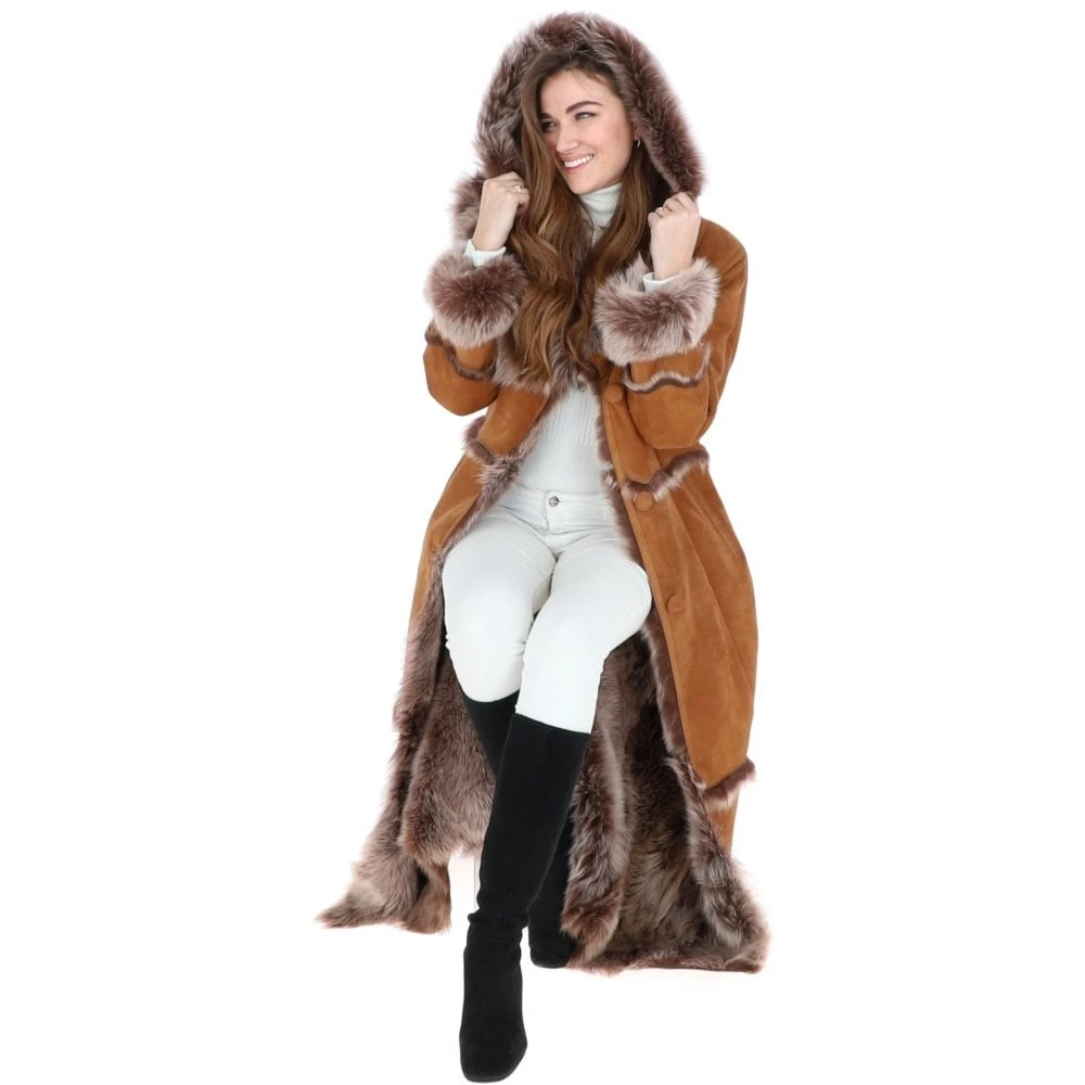 Long Length Sheepskin Coat Tan : Sophia - Image 8
