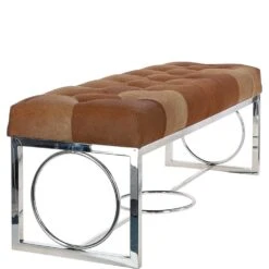 Luxury Hair-on Cowhide Quilted Bench With Chrome Stainless Steel Frame Tan: AGC-1920