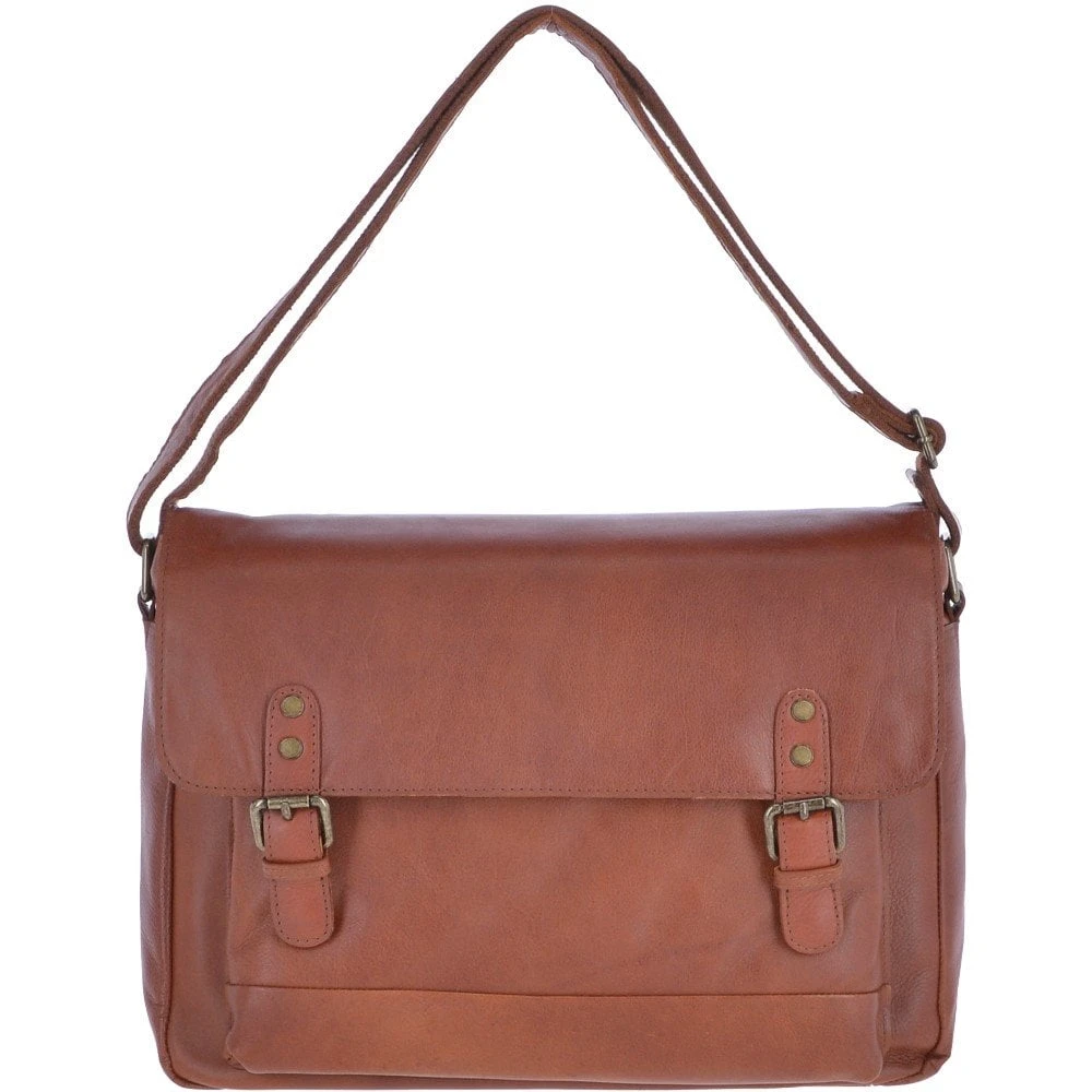 Medium Leather Vintage Wash Messenger Bag With Laptop Sleeve Tan: 1336