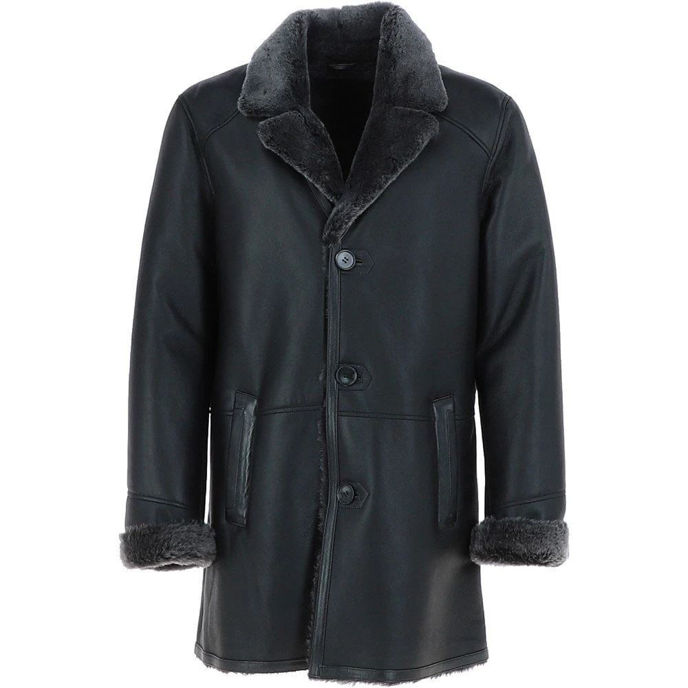 Men's Luxury Single Breasted Sheepskin Coat Black/brissa: Barring