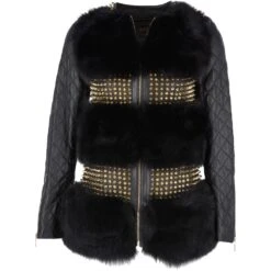 Mongolian Style Gold Studded Leather And Long Haired Fur Trim Coat Black : Zenabia