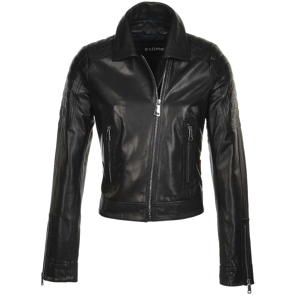 Short Cropped Vegetable Tanned Leather Biker Jacket Black : Daniela