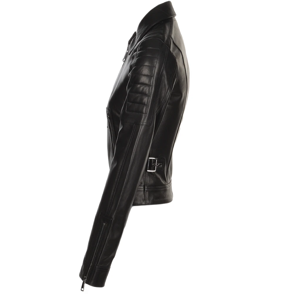 Short Cropped Vegetable Tanned Leather Biker Jacket Black : Daniela - Image 2