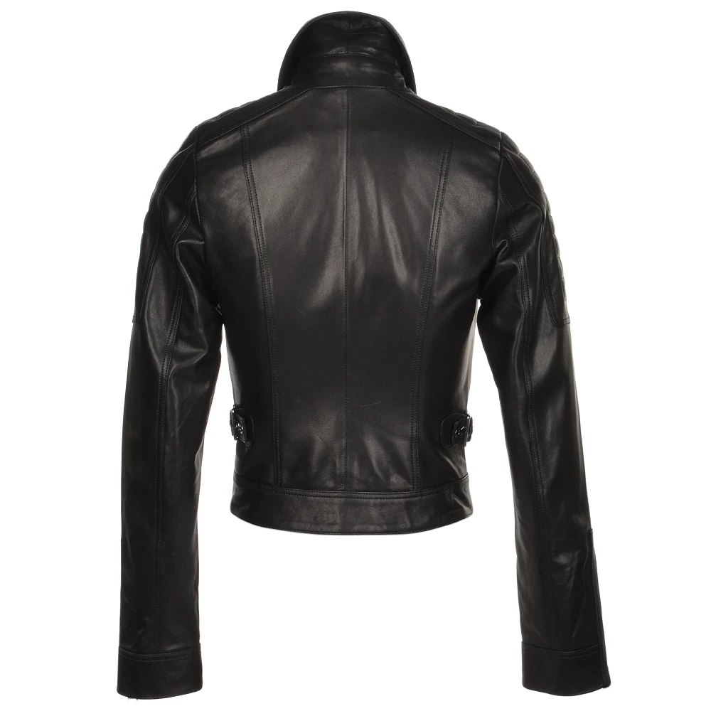 Short Cropped Vegetable Tanned Leather Biker Jacket Black : Daniela - Image 3