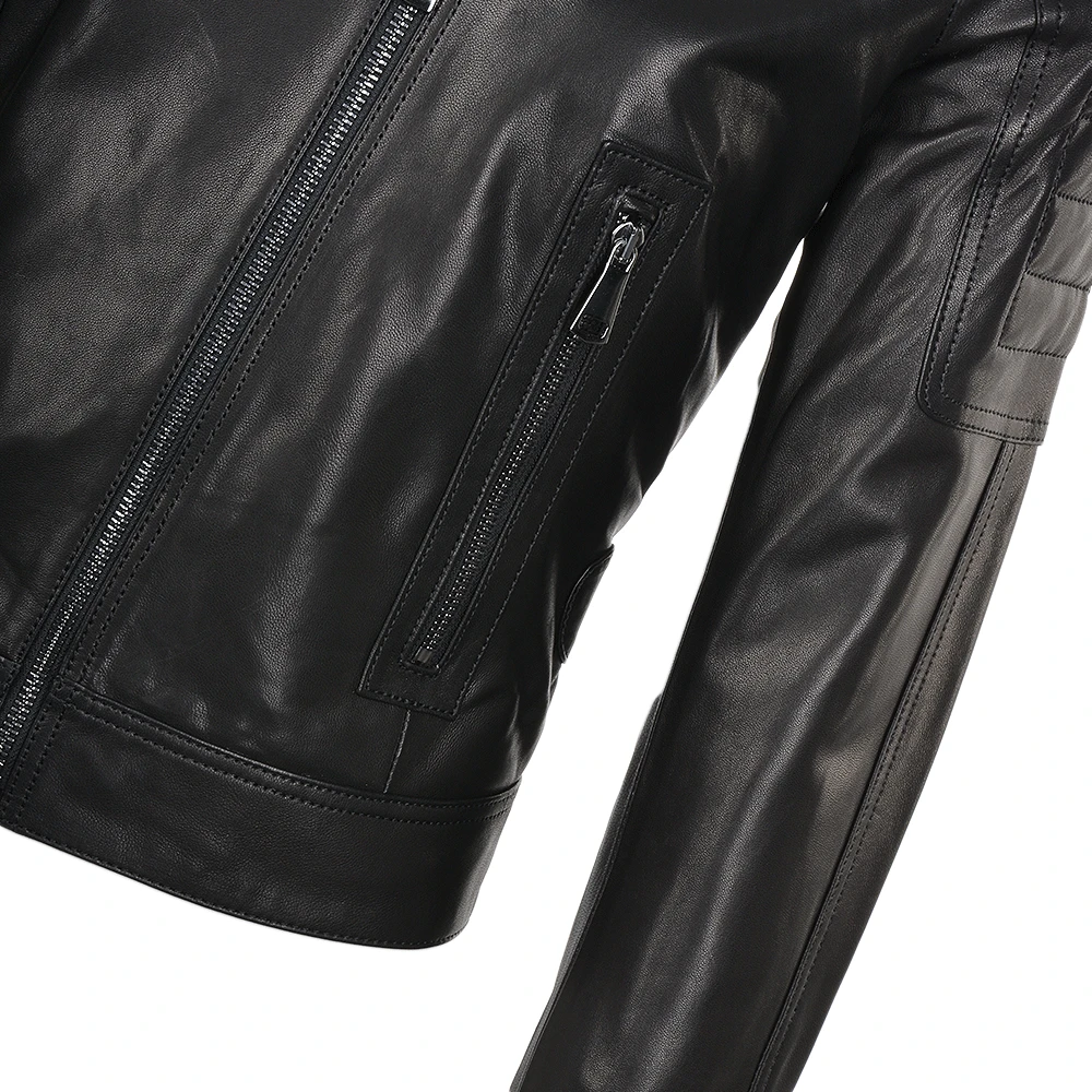 Short Cropped Vegetable Tanned Leather Biker Jacket Black : Daniela - Image 4