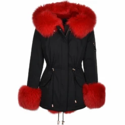 Short Hooded Toscana Tipped Fox Fur Parka With Fur Trim Lining Black/red:
